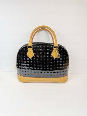 Arcadia Italian Dome Satchel Handbag in Black Patent Leather with Beige Trim